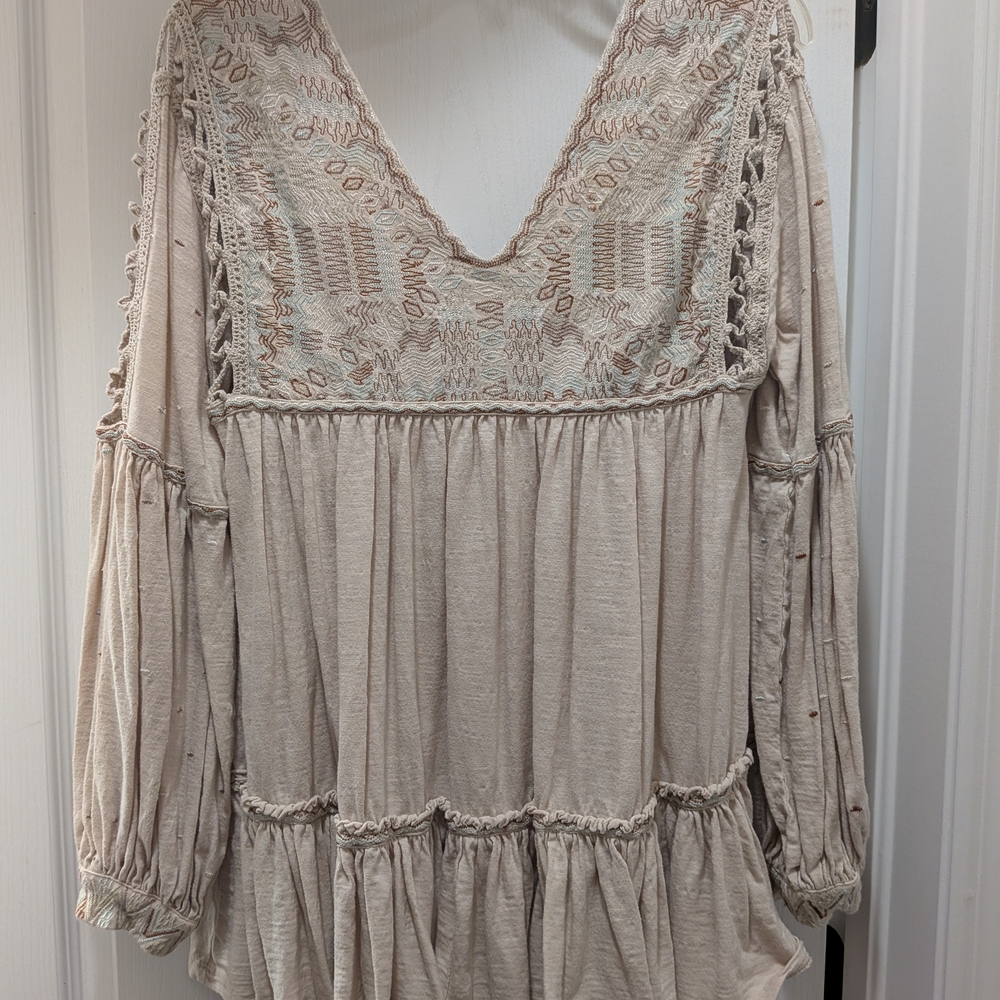 Free People Cream Boho Peasant Blouse with Embroidered Yoke